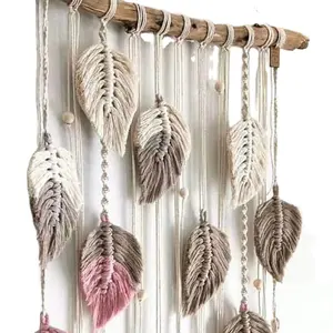 Cotton Macrame Wall Hanging Decor- Feather and Leaf-Like Decor with Wooden Rod Top