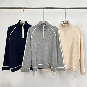 เสื้อสเวตเตอร์ไหมพรมคอตั้งแบบซิปครึ่งตัว ลายทางสีตัดต่อ แขนยาว ปลายแขนและชายเสื้อแบบริบ ทรงหลวม สไตล์ลำลอง สำหรับผู้หญิง - Product Image 2
