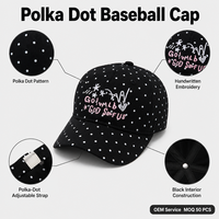 Casquette de baseball unisexe noire à pois 100 % coton, ajustable, style décontracté urbain, pour tous les jours, six tailles, tendance, pour l'extérieur, vente en gros OEM
