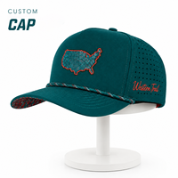 Casquette de baseball imperméable à 5 panneaux DYMF avec patch PVC personnalisé, visière contrastante, boucle latérale, casquette de sport découpée au laser, fermeture snapback