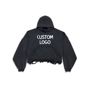 เสื้อฮู้ดดี้สไตล์สตรีทแฟชั่น โลโก้สั่งทำพิเศษ สีดำซีดแบบวินเทจ ดีไซน์ขาดๆ ทรงหลวมสำหรับผู้ชาย ผ้าฝ้ายซักนุ่ม - Product Image 1