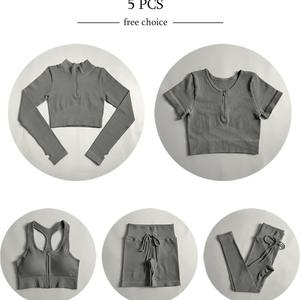 1/2/3/4/5Pcs Set Yoga Ribbed Zipper Push Up Wanita, Set Fitness Gym, Pakaian Olahraga Seamless, Tracksuit Tali Serut, Set Workout - Product Image 6