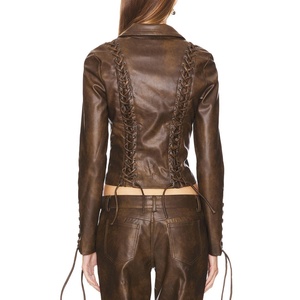 Nuevo Diseño de Alta Calidad, Conjunto de Cuero para Mujer, Chaqueta Corta Sexy con Cierre, Falda en Línea A, Falda de Cuero Deslavada con Efecto Ácido, Traje de Falda para Mujer - Product Image 4