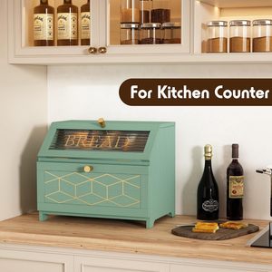 Sage <strong>Green</strong> Bamboo <strong>Bread</strong> Box Double Layer Large Capacity Kitchen Storage <strong>Bin</strong> With Gold Knobs Fruit Basket - Product Image 2