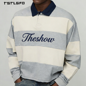 T-shirts à manches longues rayés vintage pour hommes, col en V, épaules tombantes, t-shirt oversize, streetwear, OEM ODM - Product Image 1