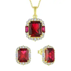 Classic Ruby Zircon Gold Plated Bridal Wedding Jewelry Set Women'S Necklace Rings 925 Sterling Silver Set Jewelry Manufacturer