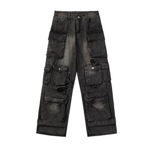 Jeans Cargo Negros Desgastados con Múltiples Bolsillos para Hombre, Jeans de Moda Urbana para Atuendos Casuales y Urbanos Diarios - Product Image 1
