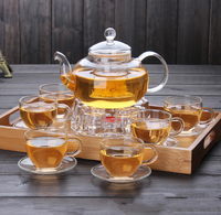 Ensemble de théière en verre borosilicate transparent en gros, ensemble de tasses à thé en verre, théière à fleurs, théière en verre avec infuseur et chauffe-thé