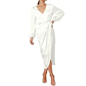 Lady fashion garment silk women's work wedding long sleeves V-neck wrap white dresses for women casual