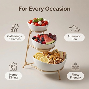 Ensemble de 3 bols en porcelaine blanche de 5, 6 et 7,5 pouces avec support en métal doré, plateau de service à 3 niveaux pour snacks, fruits, sauces, fêtes et décoration intérieure - Product Image 4