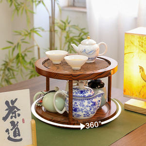 Double Layer <b>Tea</b> <b>Tray</b> Round Rotating 360 Degree Storage Rack For Tableware Dry Brewing Stand Walnut Wood Color - Product Image 1