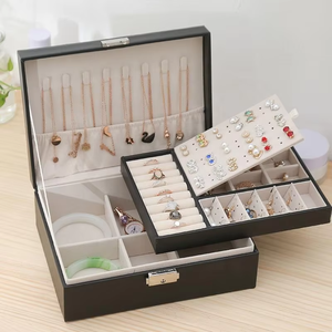 Black PU Leather 2-Layer Jewelry <b>Box</b> With Lock Large Capacity Organizer <b>For</b> <b>Rings</b>, Earrings Necklaces And Bracelets - Product Image 4