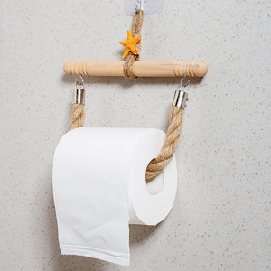 Portarrollos de papel higiénico de madera estilo mediterráneo, sin taladro, tipo gancho, estante de almacenamiento para baño - Product Image 2