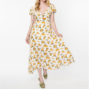 Oem Custom Fashion Casual Modest Summer V Neck Puff Short Sleeves <strong>Lemons</strong> <strong>Print</strong> Flare Maxi Long <strong>Dress</strong> for Women - Product Image 1