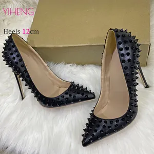 New Black Rivets Style Single Shoes Women's Pumps Low-top Shoes Fashion Pointed Toe High Heels 12cm Stiletto Sandals