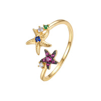Bagues ouvertes pour femmes en argent sterling 925, style vacances à la plage, tendance, colorées, avec zircone cubique, étoile de mer, coquillage et queue de poisson