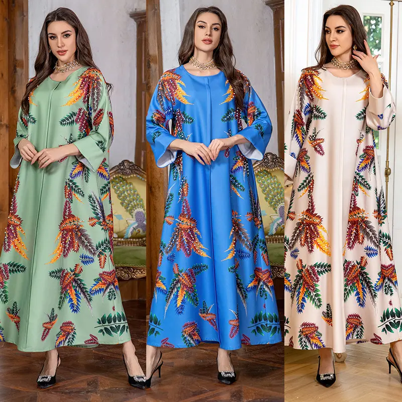 Yibaoli üretici 3 renkler en kaliteli kaftan arap dubai moda baskılı jalabiya kaftan elbise boncuk ile kadınlar için
