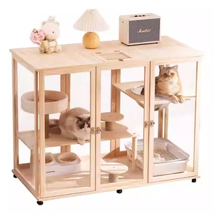Mobilier élégant pour chat en bois de pin, villa pour chat avec portes en verre pour la décoration de la maison, maison en bois pour chat personnalisée - Product Image 6