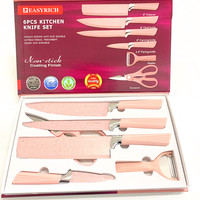 Ensemble de couteaux en boîte de couleur, revêtement antiadhésif, couteaux de chef en acier inoxydable, 6 pièces, ciseaux de cuisine, hachoir, ensemble de couteaux roses