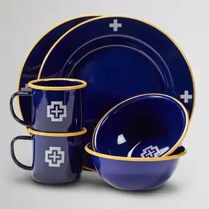 6Pc Outdoor Picknick Blauwe Kleur Gepersonaliseerde Logo Gedrukt Diner Cup Kom Plaat Metalen Camping Emaille Servies Set