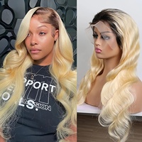 Perruques Lace Front HD en Cheveux Humains Naturels, Ombre 1B 613 Blond Ondulé, Pré-épilées, Sans Colle, Colorées, Bouclées, avec Baby Hair