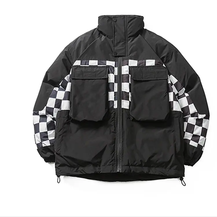 Wholesale Plaid Fabric splicing black puffer jacket men custom heavyweight zip up winter thick down bubble coats