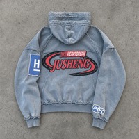 Vêtements personnalisés imprimés, sweat à capuche zippé brodé sans cordon, effet délavé, double capuche, en tissu French Terry rayé pour hommes