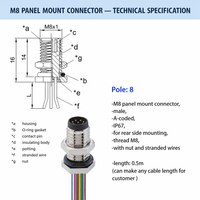 Conector de Montaje en Panel M8, Macho, 8 Polos, Codificación A, IP67, para Montaje Lateral Trasero, Rosca M8, con Tuerca y Cables Trenzados, Longitud