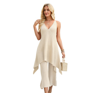 Ensemble haut et pantalon tricotés sans manches pour femmes, couleur unie, décontracté, pour l'été et le printemps - Product Image 4