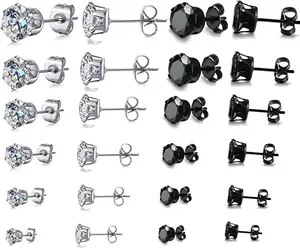 12 Pair Stainless Steel Mens Womens Stud Earrings Set Black and Clear Round Cubic Zirconia 3-8MM