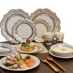 סיטונאי מתכלה אירופאי וינטג' סִגְנוֹן כוסות נייר יוקרתיות צלחות סט כלי שולחן חד פעמיים למסיבה משתה חתונה - Product Image 1