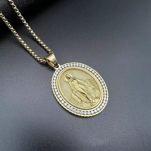yunnique Hip Hop Religious Pendant Necklace Stainless Steel Gold Plated Zircon Inlay Oval Charm For Men Women Gift Jewelry - Product Image 3