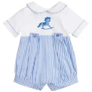 Испанский для маленьких мальчиков хлопковый комбинезон для малышей; Модная пузырьки с воротником в стиле «Питер Пэн» для новорожденных, комбинезон с вышивкой лошади, Пляжное платье, детская одежда
