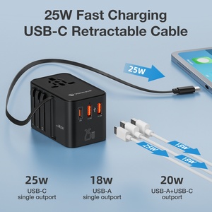 Adaptateur secteur de voyage <span class=keywords><strong>universel</strong></span> rapide Wontravel PD 25W avec technologie PPS GaN, câble rétractable pour ordinateur <span class=keywords><strong>portable</strong></span>, appareil photo, prise mondiale - Product Image 3