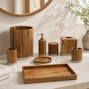 Juego de Accesorios de Baño de Madera Natural de Estilo Moderno con Detalles de Base de Metal Cepillado, Juego de Baño de 8 Piezas de Madera y Metal - Product Image 2