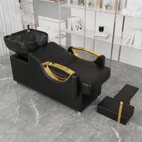 Vente directe usine : Ensemble de mobilier de salon de coiffure moderne de luxe noir et or - Fauteuil de coiffage, miroir LED, bac à shampoing et chariot