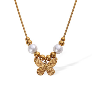 Collar con Colgante de Mariposa para Mujer, Chapado en Oro de 18K, Acero Inoxidable, Cadena de Serpiente con Perlas de Imitación, Joyería Linda para Uso Diario - Product Image 3