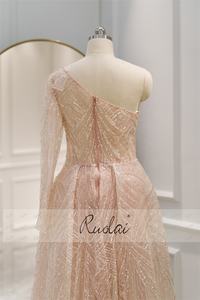 RuolaiLWC8118ワンショルダー長袖スパンコールイブニングガウンドレスビーズAラインウエディングドレス - Product Image 6