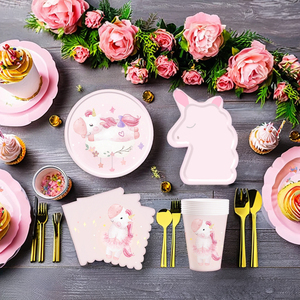 DAMAI Unicorn Birthday Party Supplies Pink <b>Disposable</b> Tableware Set <b>Plates</b> Cups Napkins Cutlery for Girls - Product Image 2