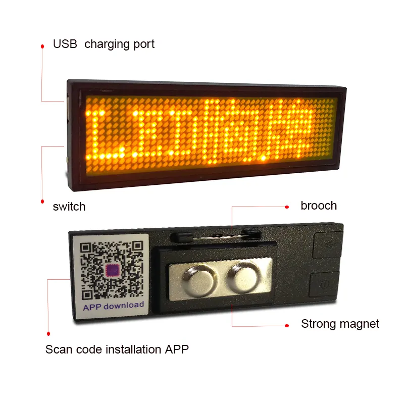 LEDバッジ表示名携帯電話APPプログラム可能なビジネスLED名札LED値札ピンLED移動メッセージLEDプレート