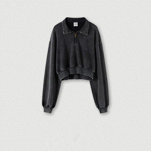 H5302 Novedades, Sudadera con Capucha Corta para Mujer, Diseño Personalizado, Cuello con Cremallera, Estilo Vintage Lavado - Product Image 1