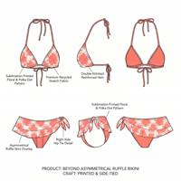 Maillot de bain recyclé personnalisé à pois et motifs floraux, avec bas de bikini froncé taille basse à nouer sur les côtés et mini-jupe de bain intégrée