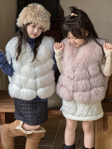 Gilet in Vera <span class=keywords><strong>Pelliccia</strong></span> di Volpe per Bambine, Lussuoso Gilet Invernale in <span class=keywords><strong>Pelliccia</strong></span> Naturale, Stile a Bolle Segmentato Rosa e Bianco - Product Image 5