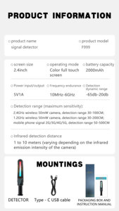 Detector de Espías F999, Detección de Señales Inalámbricas, Infrarrojas, Magnéticas y de Lentes para Cámaras Ocultas, Localizador GPS, Escáner de Seguridad Portátil - Product Image 6