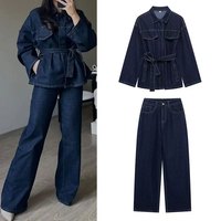 R-568 Tenues pour femmes du Moyen-Orient, ensemble élégant veste en jean à simple boutonnage et pantalon, poches, jean droit, ceinture vintage, Ramadan