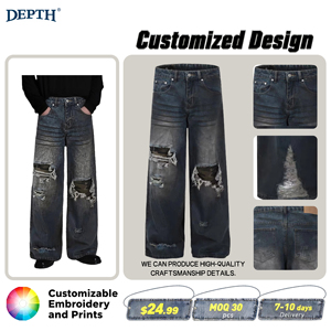 Primavera otoño diseño personalizado Unisex hombres pantalones de mezclilla de alta calidad nueva moda lavado dañado <span class=keywords><strong>trompeta</strong></span> Jeans con pierna ancha - Product Image 1