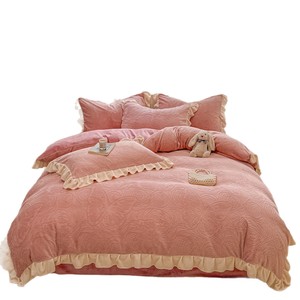 Milk Fleece Four-Piece <b>Bedding</b> <b>Set</b> Autumn Winter Warm Princess Style With Lace Embroidered Anti-static - Product Image 5