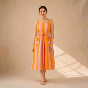 Robe à volants rayée en coton 100% de qualité supérieure, vêtements d'été pour femmes, fabrication artisanale, vêtements décontractés, exportateur de Jaipur - Product Image 1