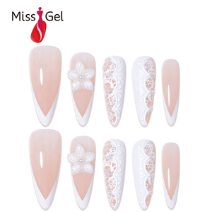 Miss Gel 32PCS Faux Ongles à Presser Rose Nude Forme Stiletto Longue French V 3D Floral à Cinq Pétales Dentelle Perle ABS Souple OEM ODM - Product Image 1
