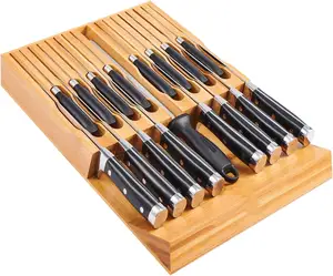 In-Drawer Bamboo knife block, Drawer Knife Set Storage, Knife Organizer and Holder with Slots for 16 Knives and 1 Sharpening